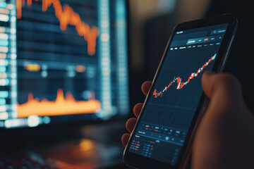 Poster - Focusing on phone with discussing dynamic stock market in two business traders online website.