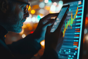 Poster - Focusing on phone with discussing dynamic stock market in two business traders online website.