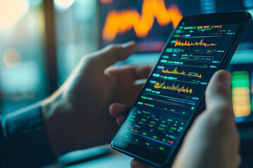 Poster - Focusing on phone with discussing dynamic stock market in two business traders online website.