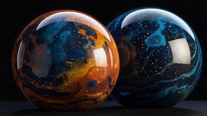 Reflective planets on space shaped as bubbles made fantasy unique illustrated design of mystical space in endless galaxies