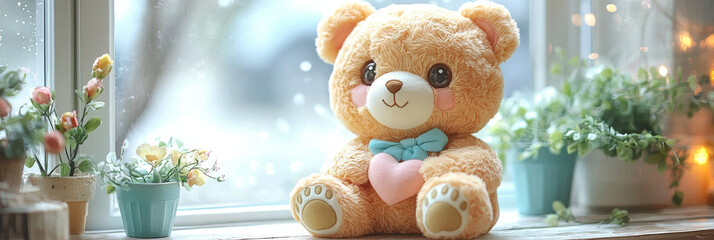 A cuddly plush teddy bear sits by a window, holding a heart-shaped pillow.