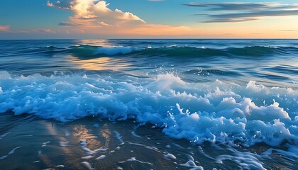 Early morning waves collide on the shore, and the sea and blue sky blend, showing a peaceful and beautiful ocean scenery.