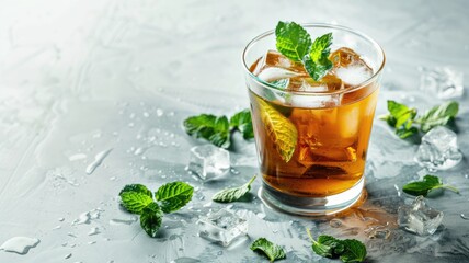 Wall Mural - Refreshing iced tea with mint leaves on wet surface