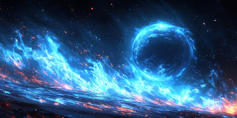 A blue planet engulfed in flames against a starry sky.