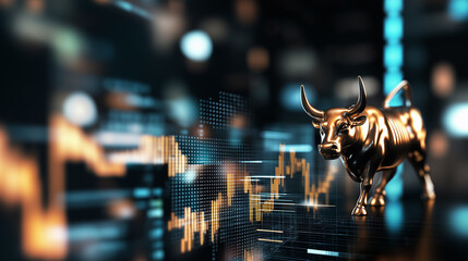 Golden bull statue in front of stock market chart, financial symbol, rising market, stock exchange, trading success, business growth, economic progress, bullish trend, 3D illustration