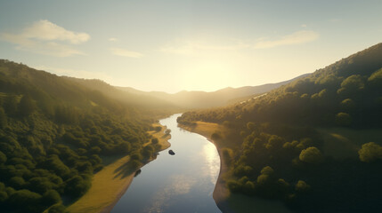 Wall Mural - River Curving Through Green Hills And Forest At Dawn With Golden Sky