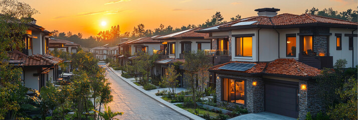 Poster - A row of modern houses with orange tile roofs at sunset.