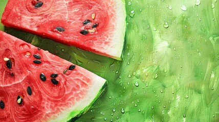 Wall Mural - Fresh watermelon slices with seeds on wet, green surface