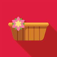 Poster - simple vector illustration of a wooden flowerpot with a pink flower on a red background with a long 