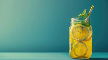 Wall Mural - Refreshing lemon drink in glass jar with mint and straw