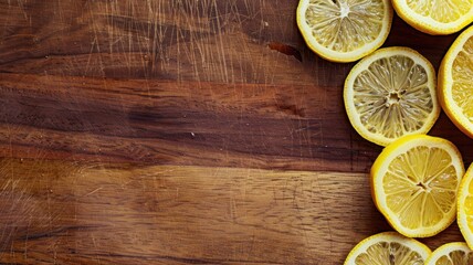 Fresh lemon slices on wooden cutting board