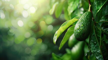 Wall Mural - Fresh avocado hanging from tree branch with dewdrops on sunny day