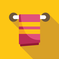 Poster - clean striped towel hanging on a round hanger on a yellow background, perfect for hygiene and bathro
