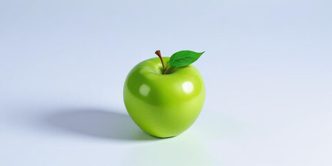 A green apple with a leaf, on a white background