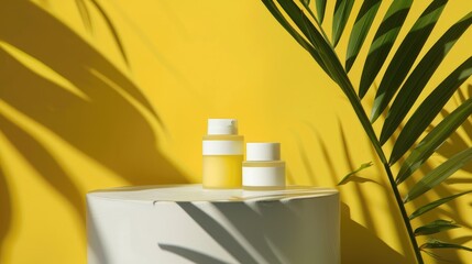 Sticker - Sleek product showcase with palm leaves on a yellow backdrop