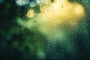 Wall Mural - Soft raindrops sliding down a foggy window with a blurry background of trees.