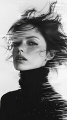 Glitch Art, Black and White Portrait Photo, model, female, makeup, sensual, dreamy, surreal, motion blur, faded, blurred, movement, tech, futuristic