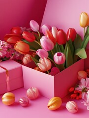 pink gift boxes, with one box open to reveal a collection of decorative festive objects, including vibrant flowers like tulips spilling out.