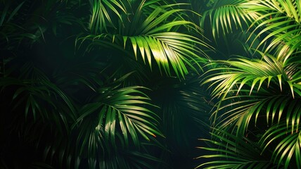 Wall Mural - Lush green palm leaves with vibrant lighting in dense foliage