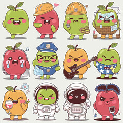 2d vector illustration emoji emote for social media icon for fruits and animals cute character  
