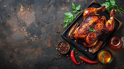 Wall Mural - Roasted Chicken with Spices on Dark Background