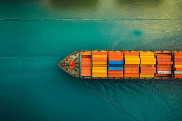 Aerial top down ultra wide photo of industrial cargo container ship loading in logistics terminal port