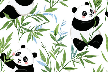 Seamless pattern of playful cartoon pandas munching on bamboo leaves and shoots