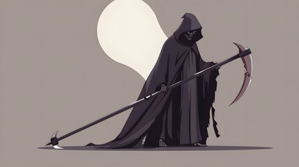 A mysterious figure cloaked in black stands with a scythe against a pale moon, evoking themes of time and mortality.