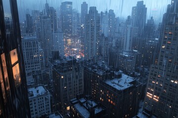 The view of a rain-soaked cityscape from the top of a tall building, with slick rooftops glistening.