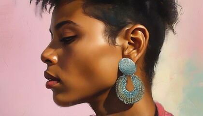 A combination of art shows a close-up of a person wearing large earrings with soft tones and textures in the background.