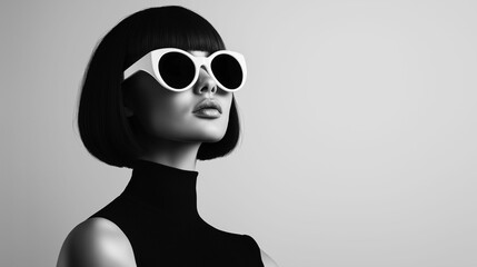 The image of a woman with glasses is a black and white photograph that creates a retro vibe reminiscent of the 1960s.