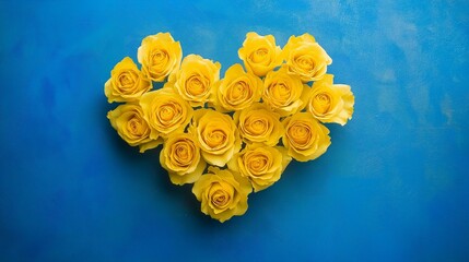 A bouquet of vibrant yellow roses arranged in a heart shape against a bright blue textured background.