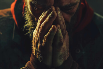 Close up of man praying with hands clasped together against dark background