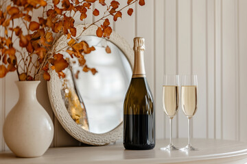 Sparkling wine in bottle and glasses on a table in a living room with modern design