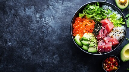 Fresh sashimi bowl with rice, avocado, fish, and vegetables