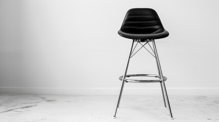 Wall Mural - Black bar stool with metallic legs on a white surface.