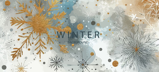 Wall Mural - Abstract art winter minimalistic background with brush texture and flying snowflakes. Christmas background. Hand-painted natural art with glowing elements . Winter border with landscape