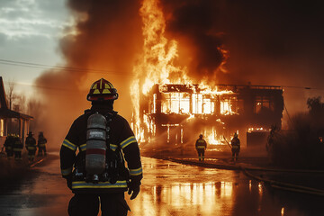 firefighter in front of other firefighters extinguishing a building fire, generative AI