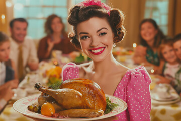 Wall Mural - vintage picture of smiling pin up retro woman housewife holding juicy roasted turkey for thanksgiving on background of family and table with food, generative AI