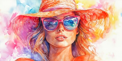 Sticker - Elegant painting of a carefree woman in a sun hat and sunglasses enjoying the summer in vibrant watercolor background.