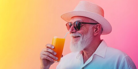 Canvas Print - Vibrant and colorful summer concept with a happy old man in a hat and sunglasses sipping an orange juice or cocktail on a pastel background A trendy hipster senior person enjoying