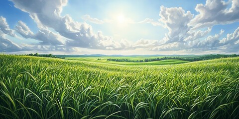 Wall Mural - Under a sunny sky lush green grasslands stretch into the horizon offering a picture landscape for nature