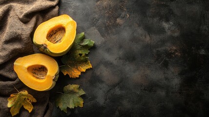 Sliced squash with fall leaves on dark background