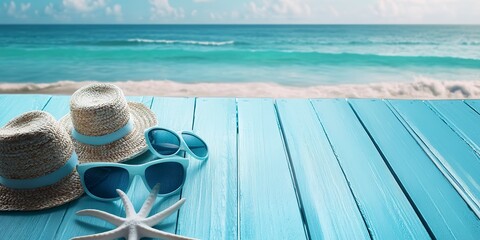 Poster - Blue planks marine pier with summer accessories Summer Vacation concept 