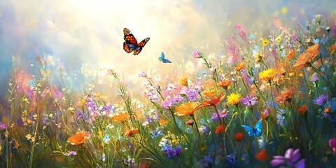 Wall Mural - enchanting wildflowers meadow with butterflies summer nature landscape digital painting 