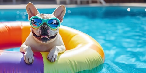 Wall Mural - Playful French Bulldog Wearing Goggles on Rainbow Inflatable at Pool Party 