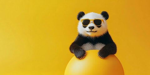 Sticker - summer minimal concept panda in sunglasses sitting on a yellow object