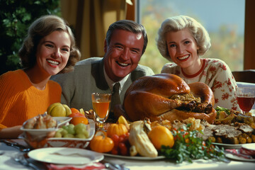 Wall Mural - vintage picture of smiling family with juicy roasted turkey for thanksgiving day sitting at table with food and celebrating, pin up style, generative AI