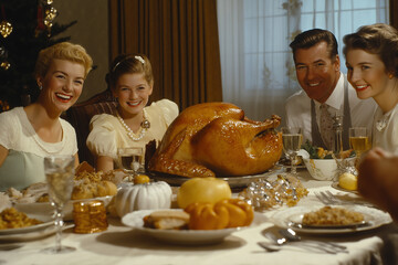 vintage picture of smiling family with juicy roasted turkey for thanksgiving day sitting at table with food and celebrating, pin up style, generative AI