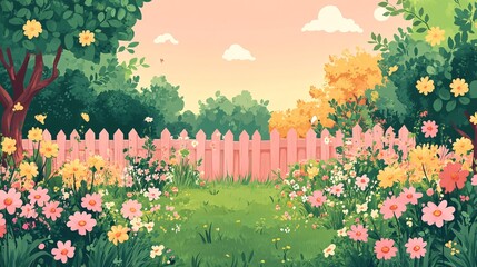 Wall Mural - Whimsical Cartoon Garden with Blooming Flowers in Trendy Retro Illustration Style